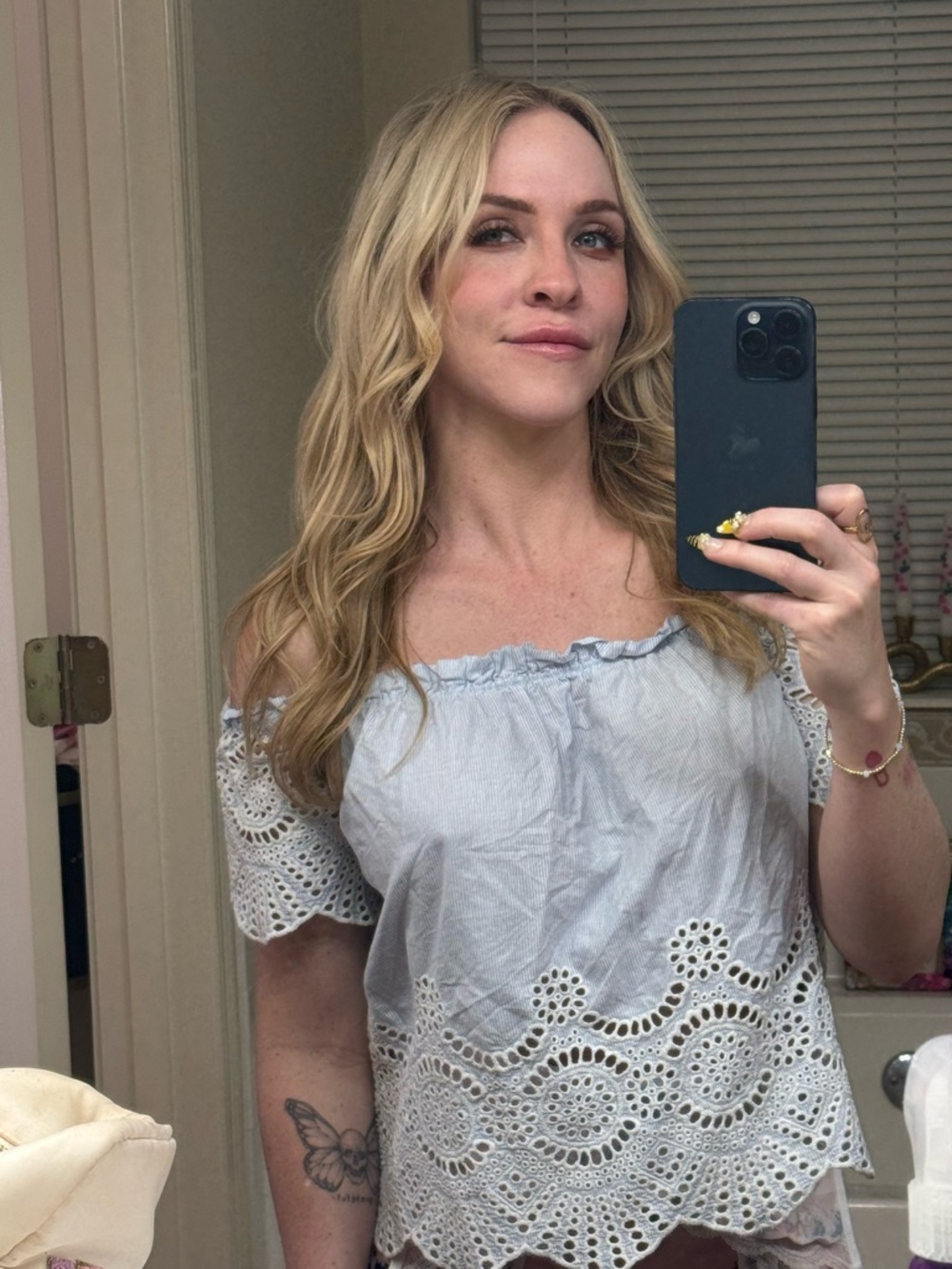 Off-Shoulder Eyelet Lace Trim Top - Light Blue